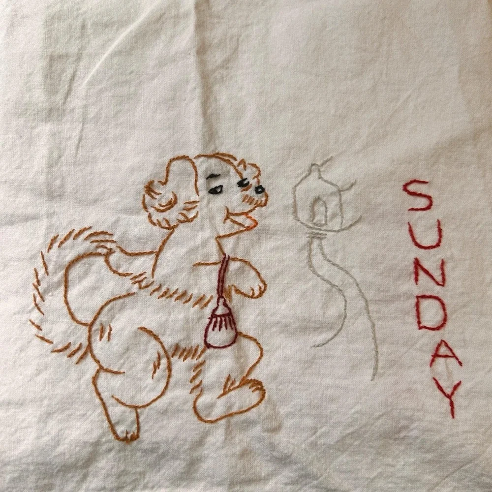 Unbranded Vintage Embroidered Dog Days of the Week Towels Set of 6 White‎